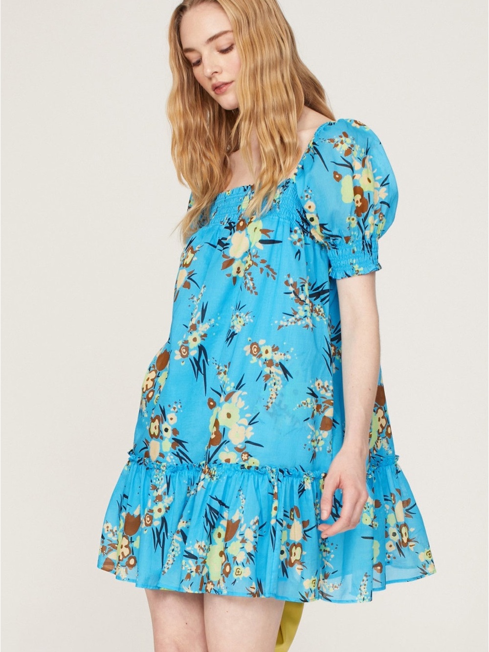 Tory Burch Smocked Mini Dress Turquoise Floral Puff-Sleeve Peasant sz M